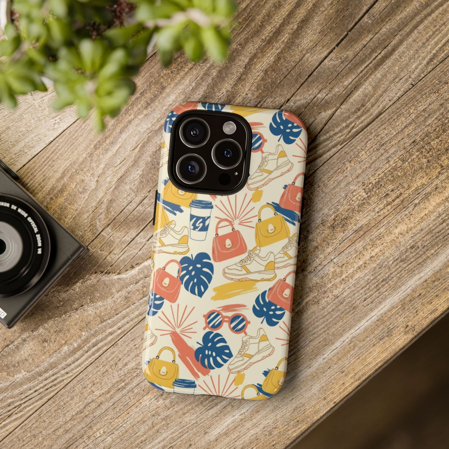 Tough Cases: Retro Summer Pattern Phone Case – Sunglasses, Sneakers & Tropical Leaves