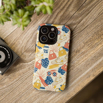 Tough Cases: Retro Summer Pattern Phone Case – Sunglasses, Sneakers & Tropical Leaves