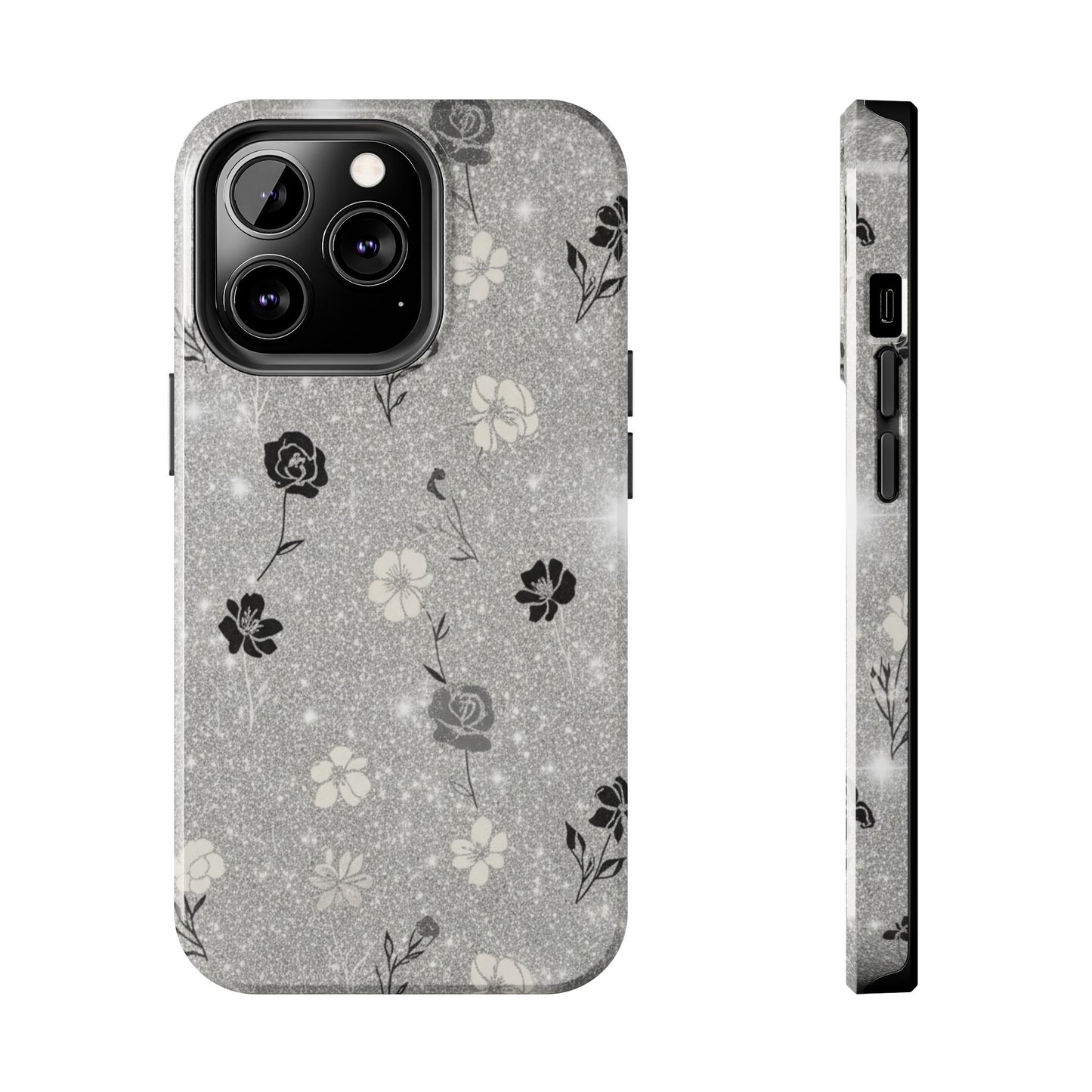 Floral Glitter Tough Phone Case — Black & Silver Vintage Flower Protective Cover