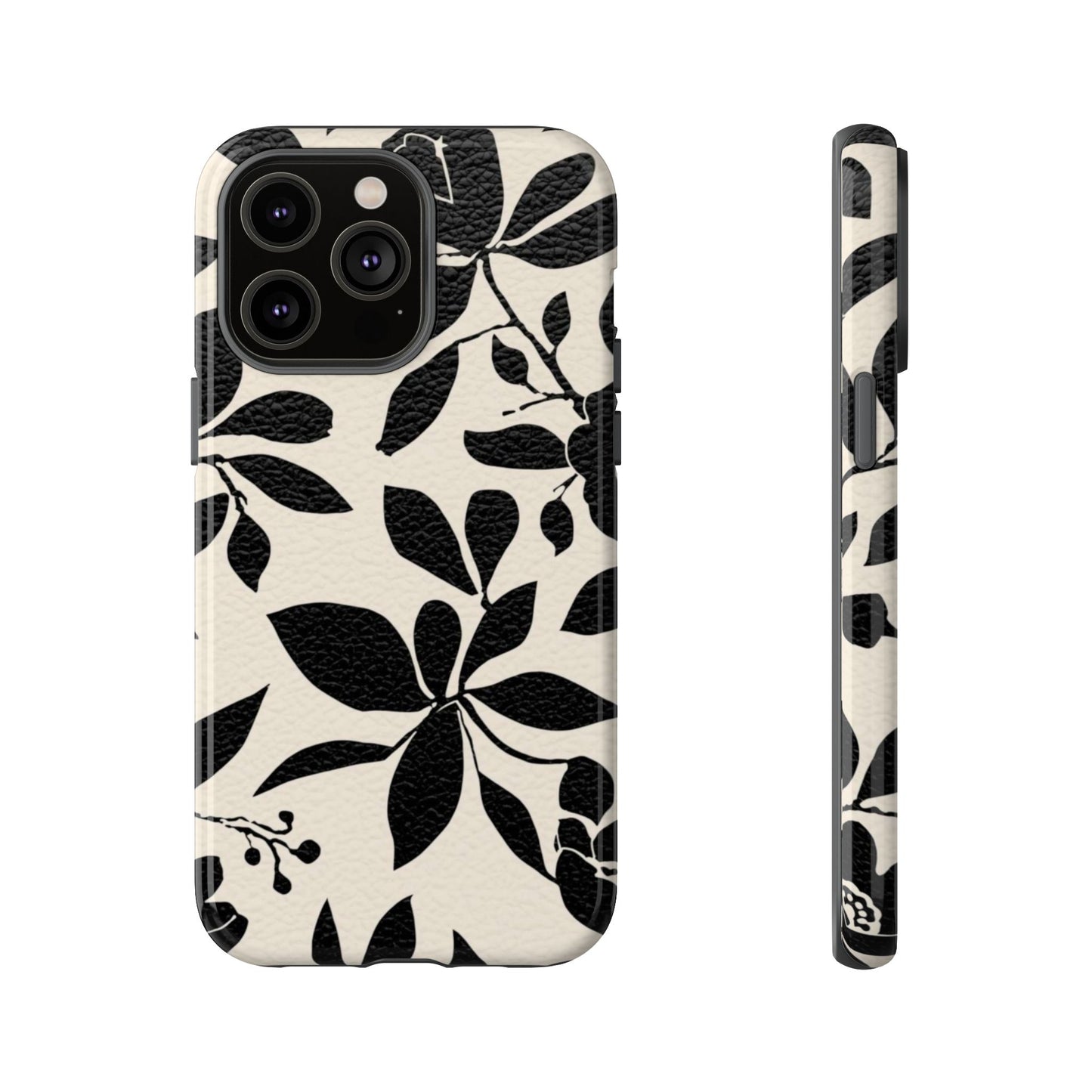 Black Floral Pattern Phone Case — Monochrome Botanical Tough Case
