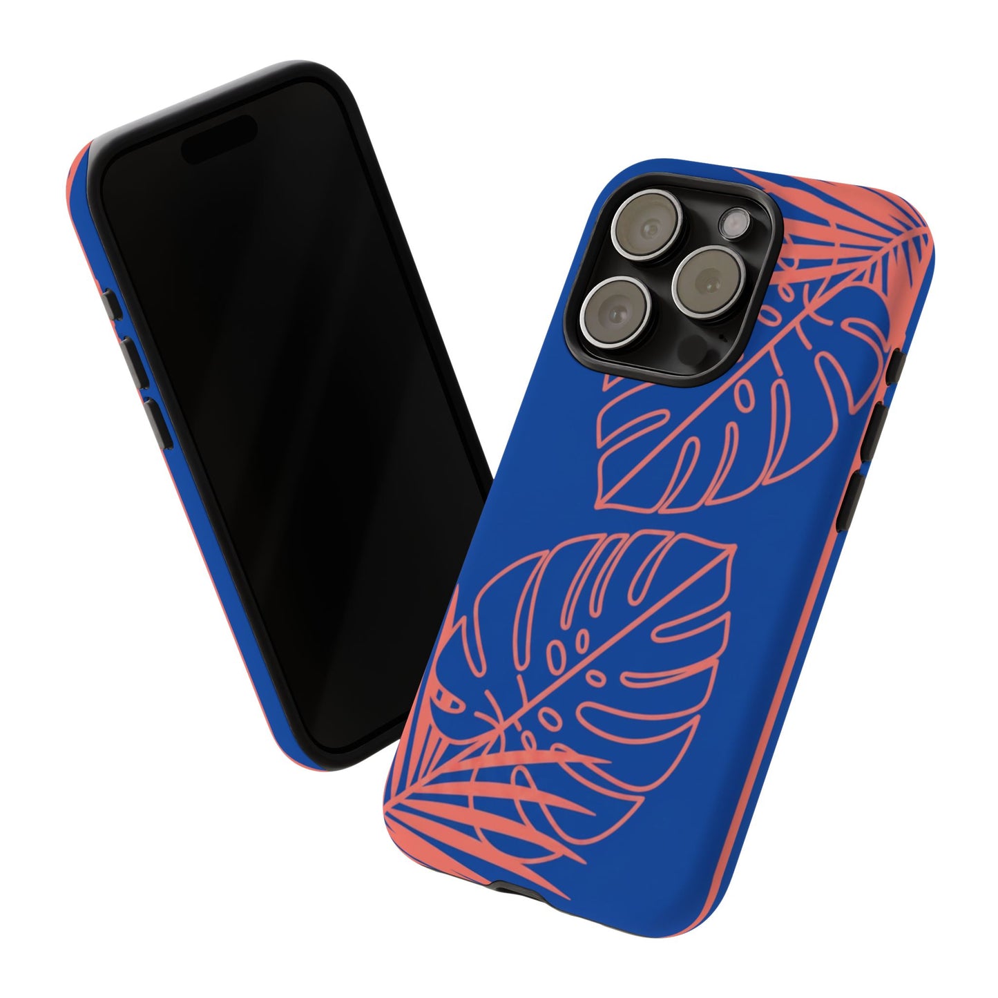 Tropical Monstera Phone Case — Blue & Coral Leaf Protective Cover