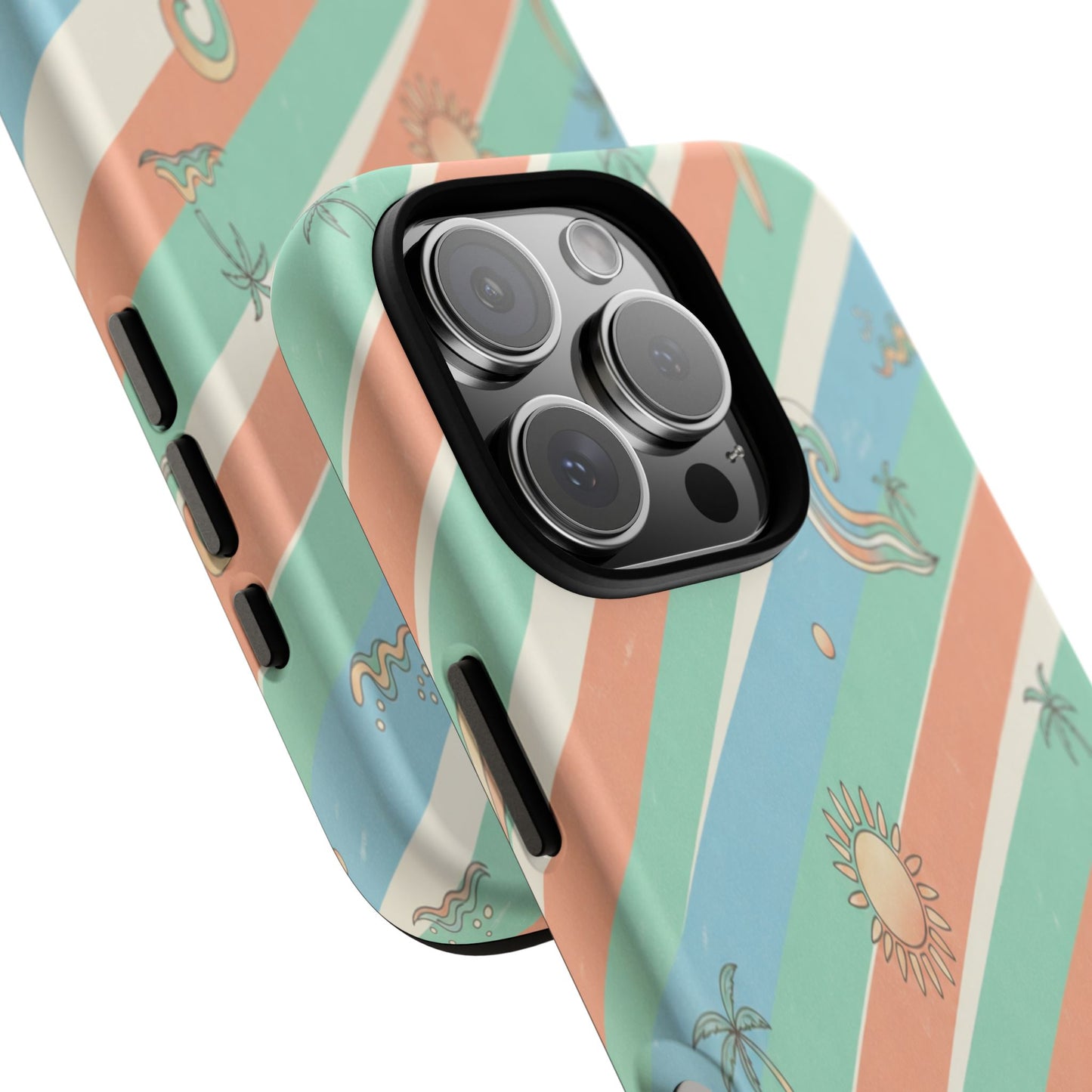 Retro Beach Stripes Phone Case — Sun, Waves & Palm Pattern Tough Case