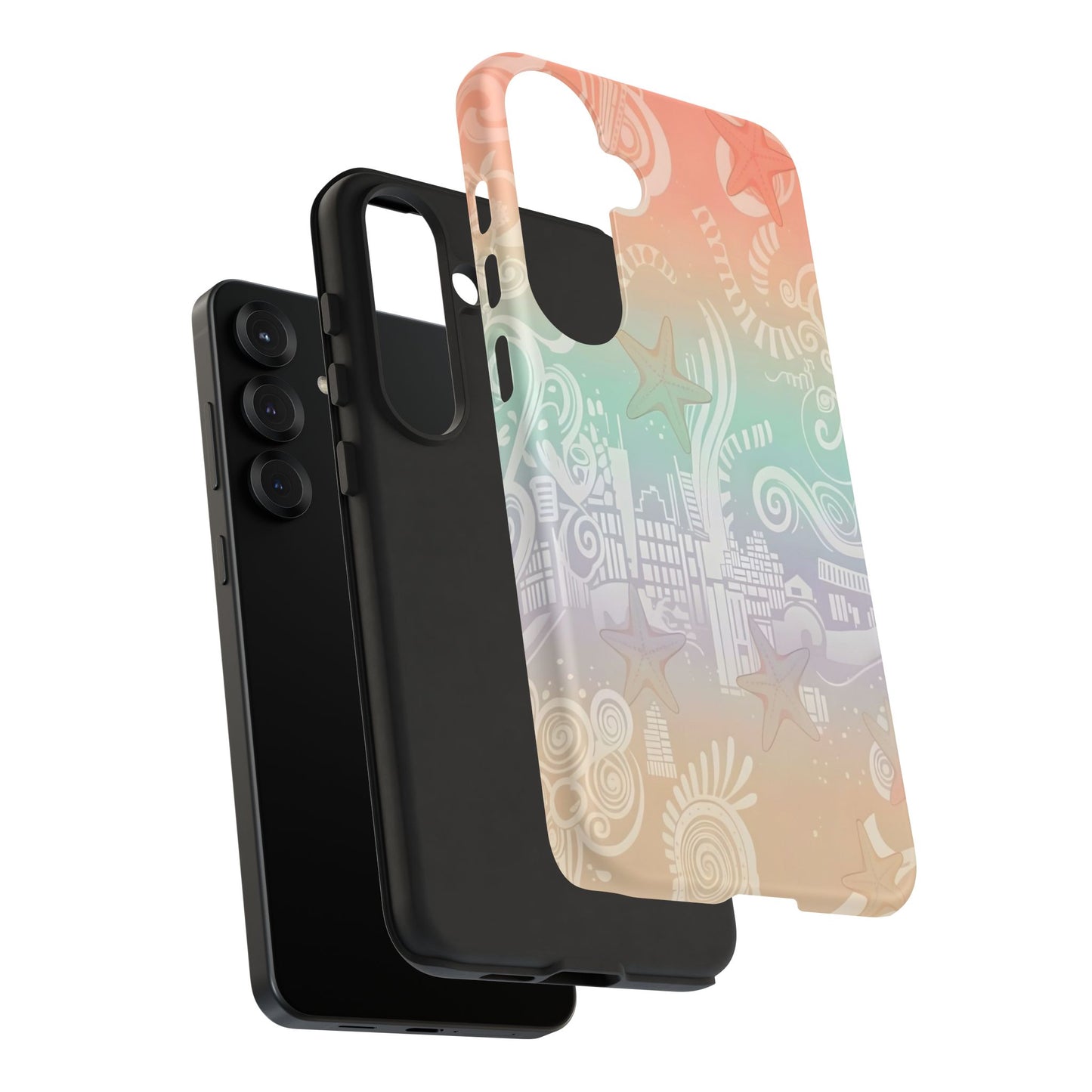 Tough Cases: Pastel Beach Pattern Phone Case — Starfish & Coastal Cityscape Protective Cover