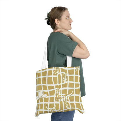 Cowboy Western Pattern Shoulder Tote Bag — Beige Ranch Grid Design