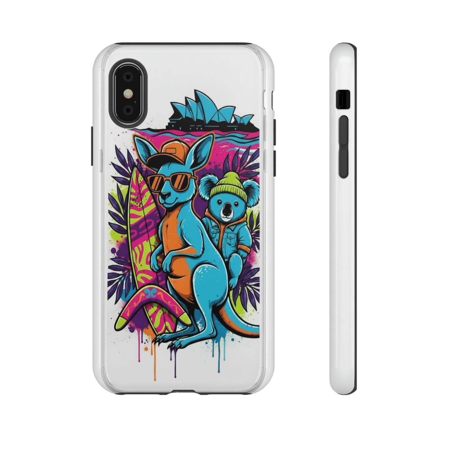 Kangaroo & Koala Surf Phone Case — Retro Neon Beach Art Tough Case
