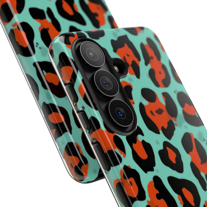 Leopard Print Tough Phone Case — Teal & Rust Protective iPhone Cover