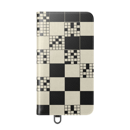 Checkerboard Flip Phone Case – Retro Black & Cream Geometric Wallet Case