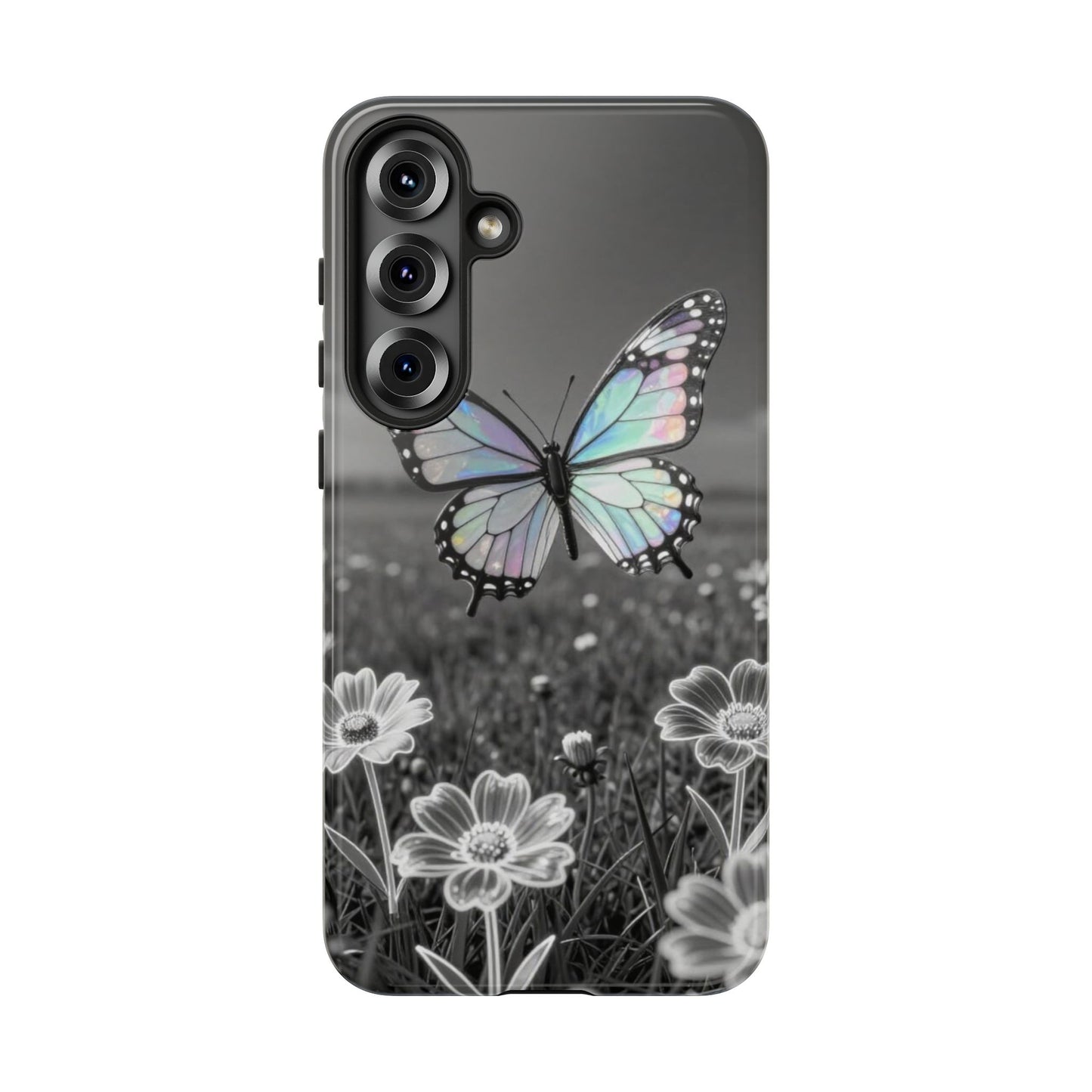 Butterfly Field Tough Phone Case — Pastel Holographic Butterfly on Black & White Floral Background