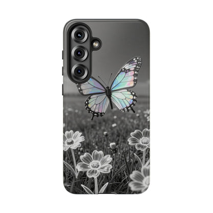 Butterfly Field Tough Phone Case — Pastel Holographic Butterfly on Black & White Floral Background