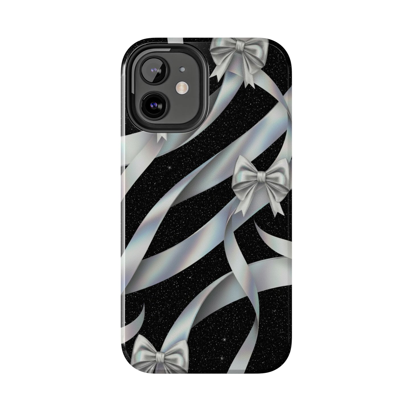 Silver Ribbon Bow Tough Phone Case — Glitter Black Protective Phone Case