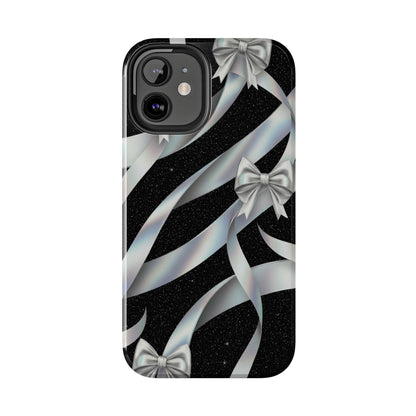 Silver Ribbon Bow Tough Phone Case — Glitter Black Protective Phone Case