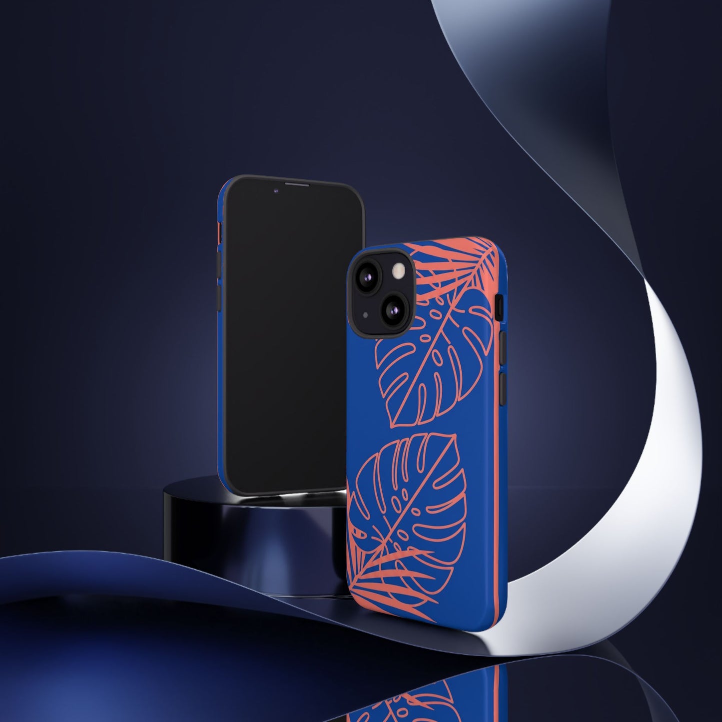 Tropical Monstera Phone Case — Blue & Coral Leaf Protective Cover