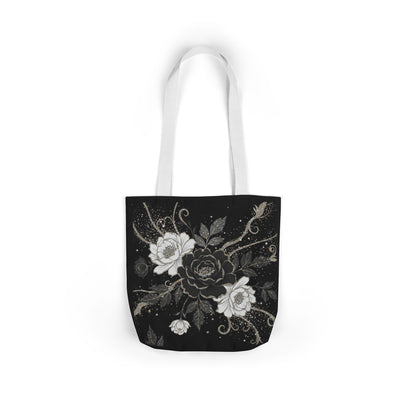 Floral Noir Canvas Tote — Black & White Rose Print