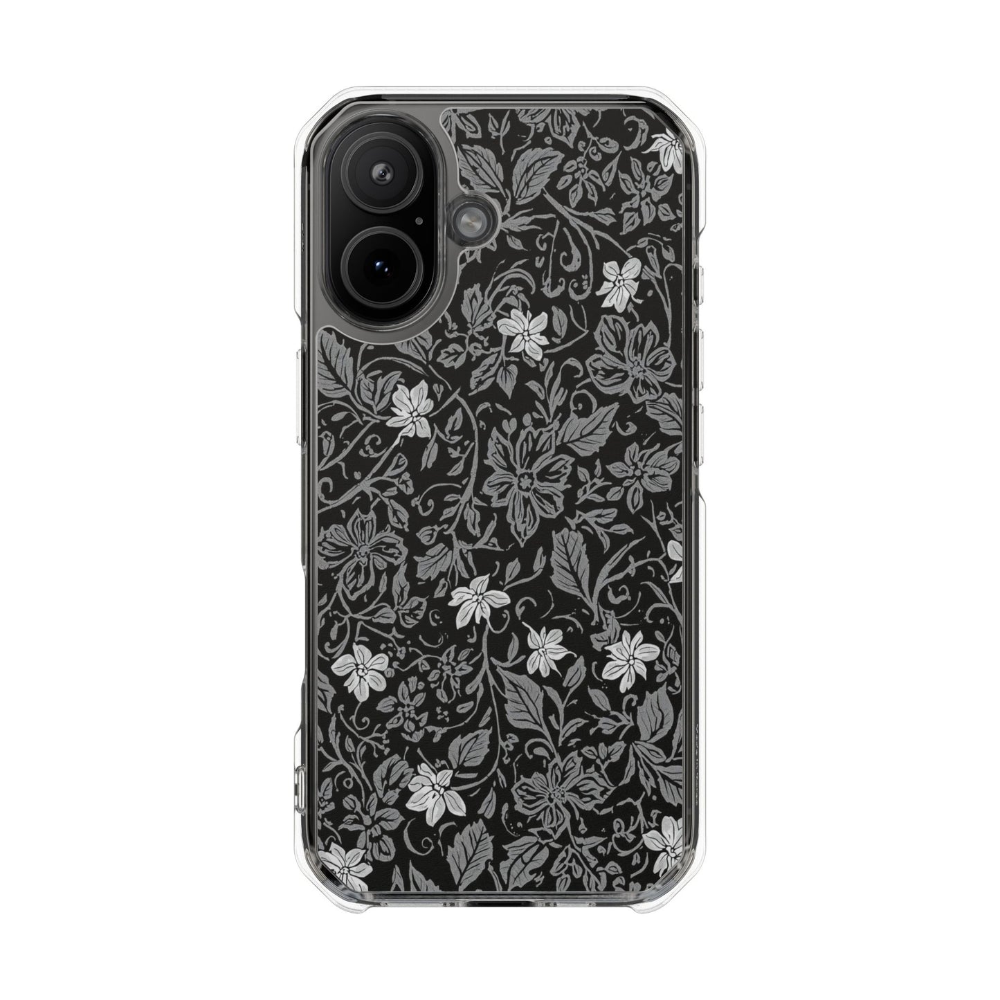Clear Magnetic Phone Case — Black Floral Vine Design