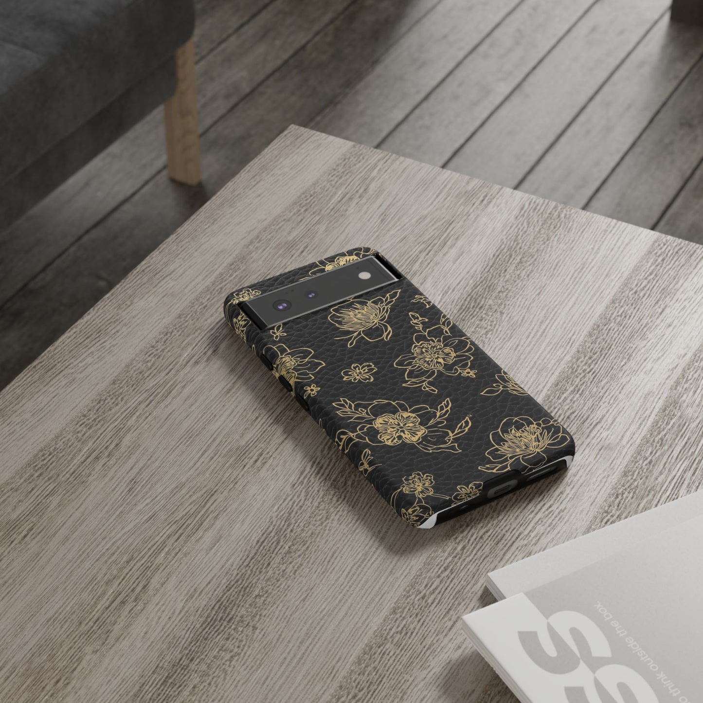 Floral Leather Phone Case — Gold Outline Flowers on Black Tough Case