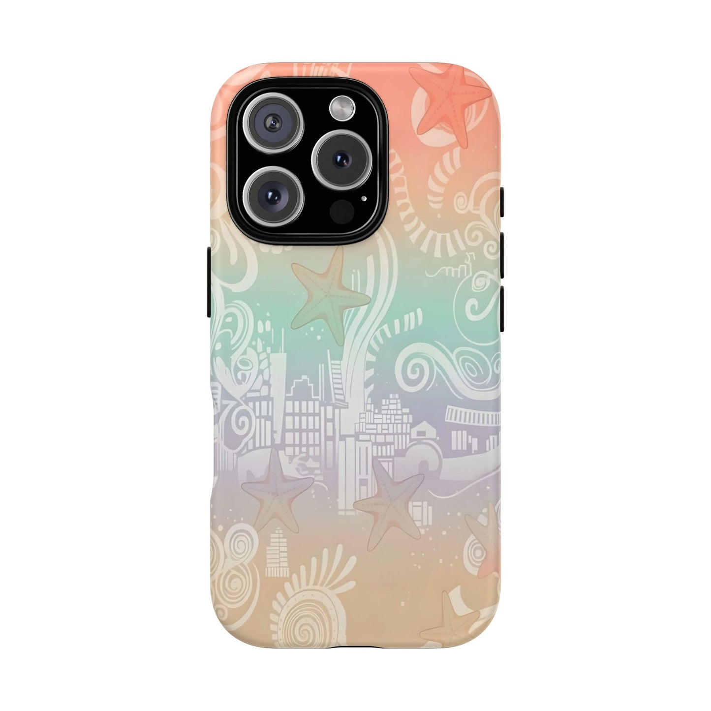 Tough Cases: Pastel Beach Pattern Phone Case — Starfish & Coastal Cityscape Protective Cover