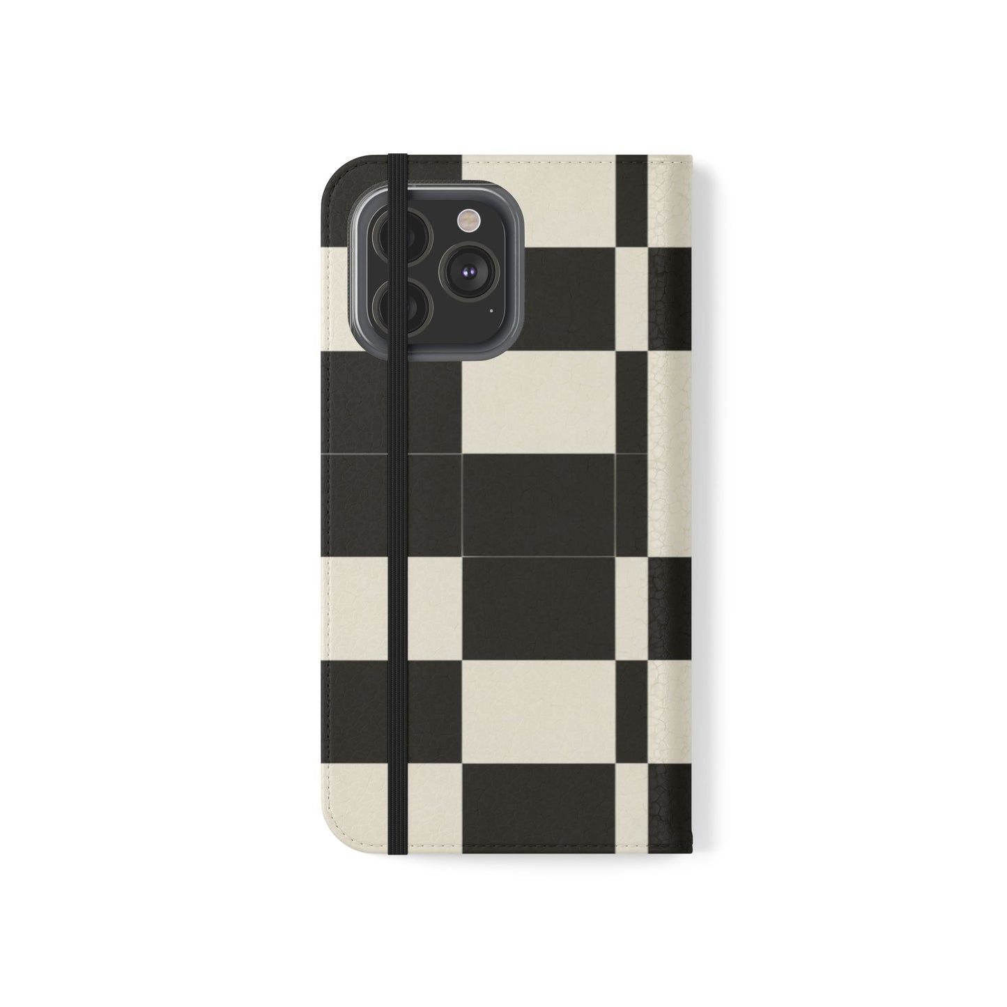 Checkered Flip Phone Case – Black & Cream Retro Grid Wallet Case