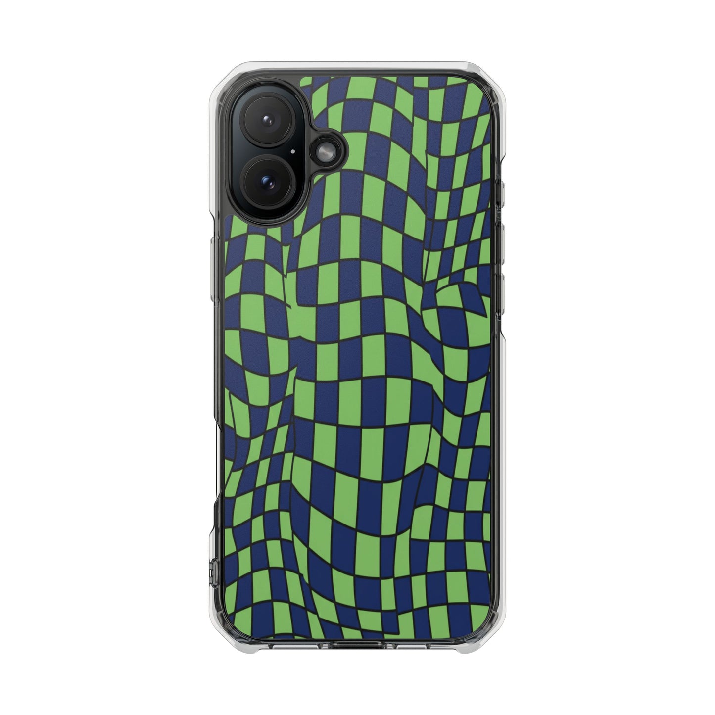 Clear Magnetic Phone Case — Green Distorted Checkerboard Design