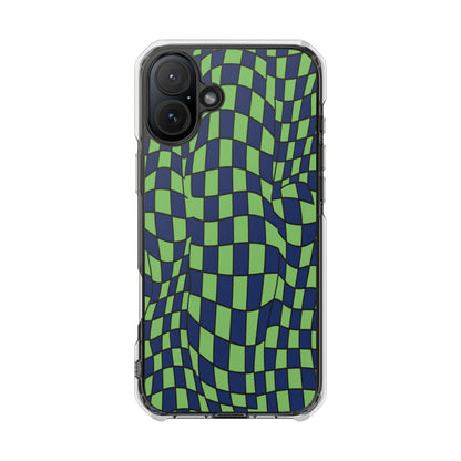 Clear Magnetic Phone Case — Green Distorted Checkerboard Design