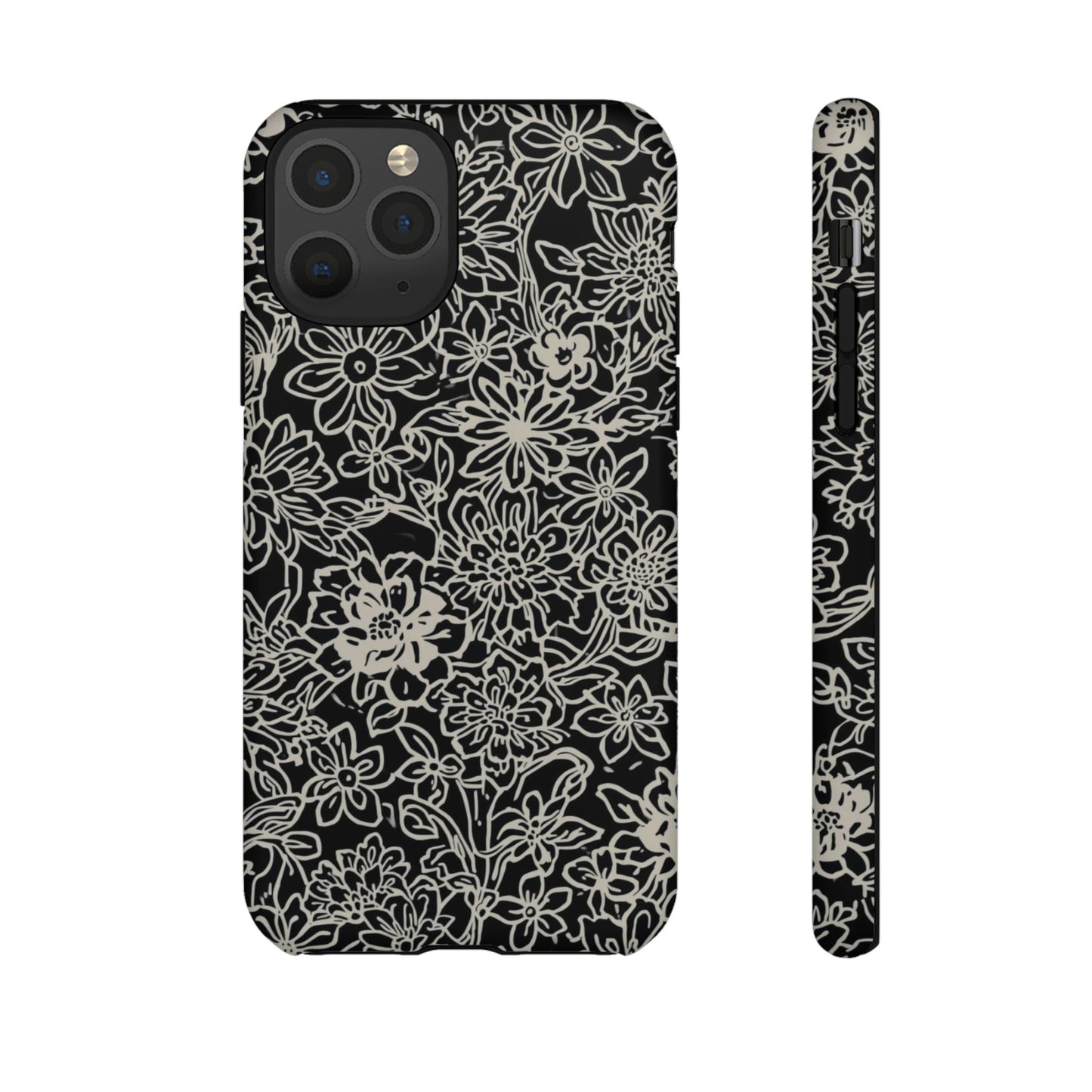 Floral Doodle Tough Phone Case — Black & White Sketch Flower Protective Cover