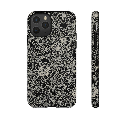 Floral Doodle Tough Phone Case — Black & White Sketch Flower Protective Cover