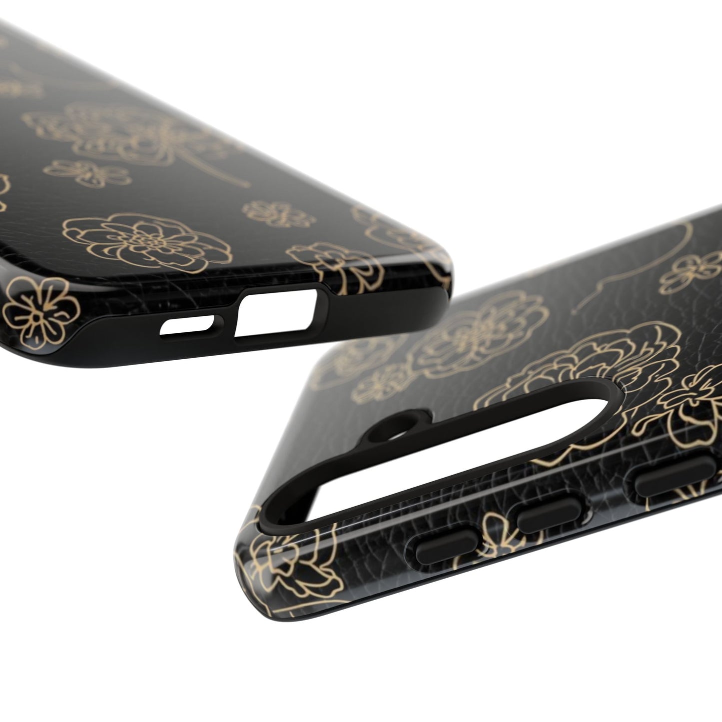 Floral Leather-Texture Tough Case – Black Gold Outline Phone Cover