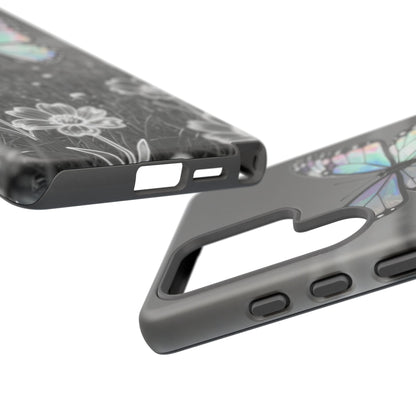 Butterfly Field Tough Phone Case — Pastel Holographic Butterfly on Black & White Floral Background