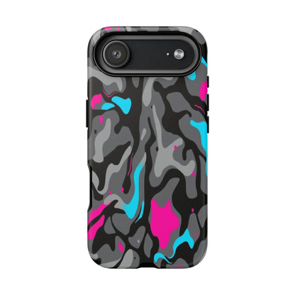 Camouflage Phone Case — Gray Camo with Neon Pink & Cyan Accent Tough Protective Cover