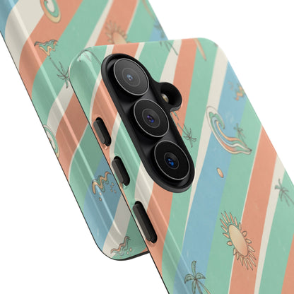 Retro Beach Stripes Phone Case — Sun, Waves & Palm Pattern Tough Case