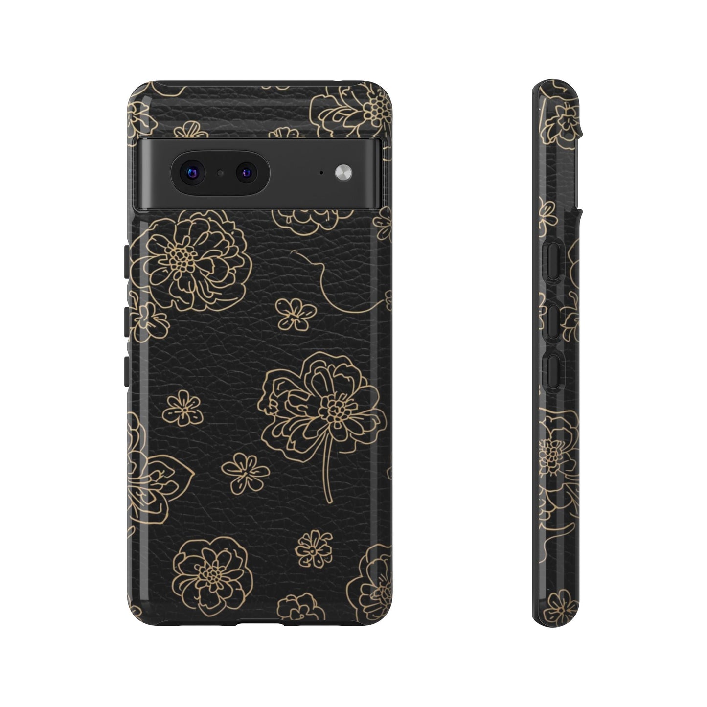 Floral Leather-Texture Tough Case – Black Gold Outline Phone Cover