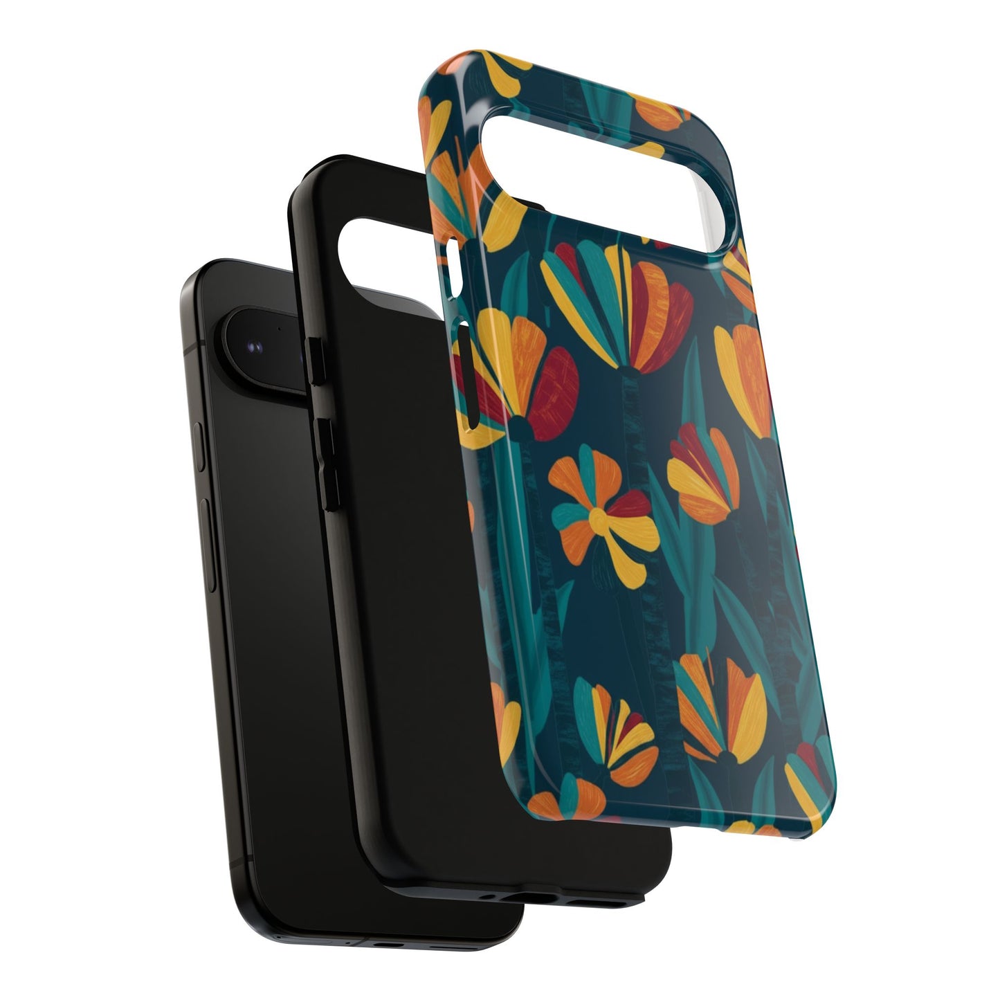 Floral Retro Teal Tough Phone Case — Vibrant Orange & Mustard Blooms