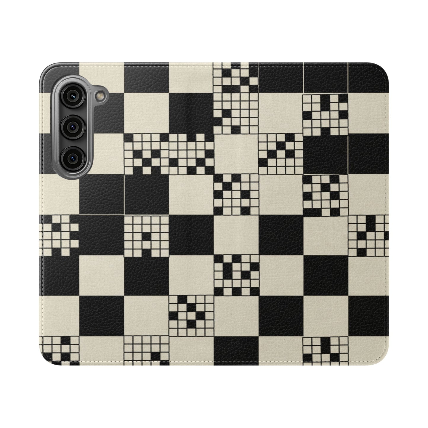 Checkerboard Flip Phone Case – Retro Black & Cream Geometric Wallet Case