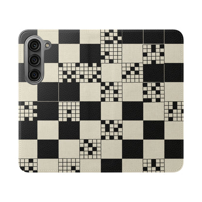 Checkerboard Flip Phone Case – Retro Black & Cream Geometric Wallet Case