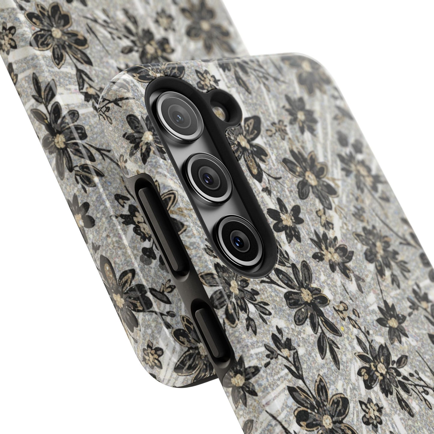 Floral Vintage Tough Phone Case — Black & Gray Rustic Flower Protective Case