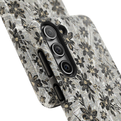 Floral Vintage Tough Phone Case — Black & Gray Rustic Flower Protective Case