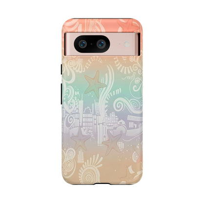 Tough Cases: Pastel Beach Pattern Phone Case — Starfish & Coastal Cityscape Protective Cover