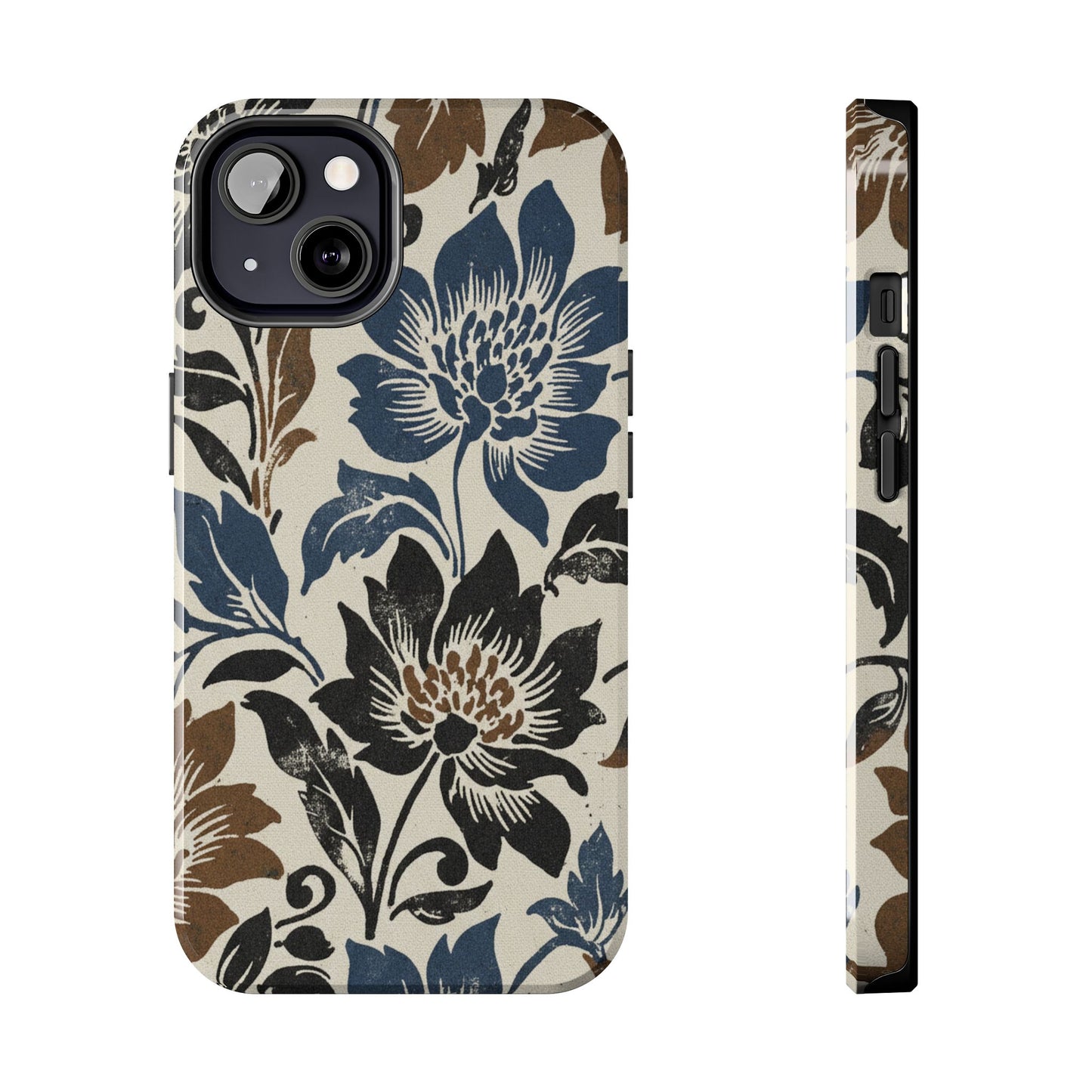 Floral Vintage Tough Phone Case — Blue & Brown Botanical Protection