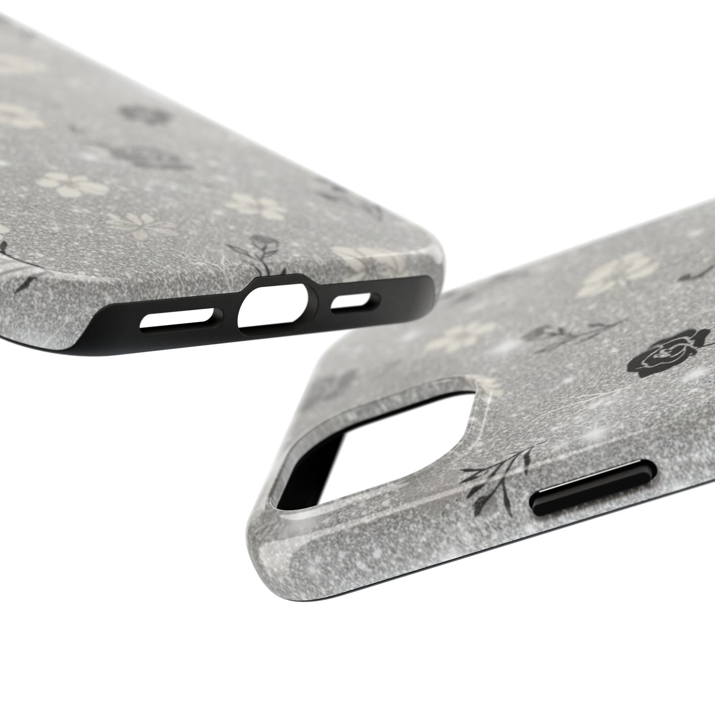 Floral Glitter Tough Phone Case — Black & Silver Vintage Flower Protective Cover