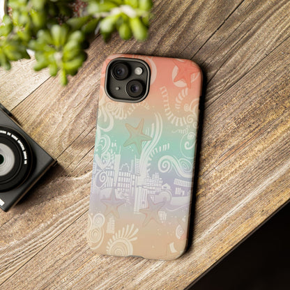 Tough Cases: Pastel Beach Pattern Phone Case — Starfish & Coastal Cityscape Protective Cover