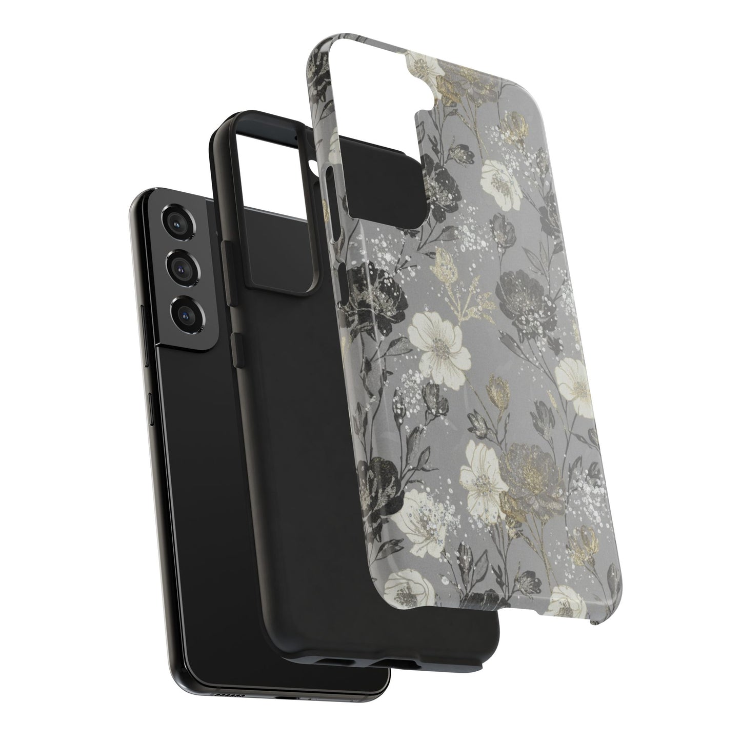 Floral Gray Tough Phone Case — Elegant Protective Phone Cover with Gold Accent