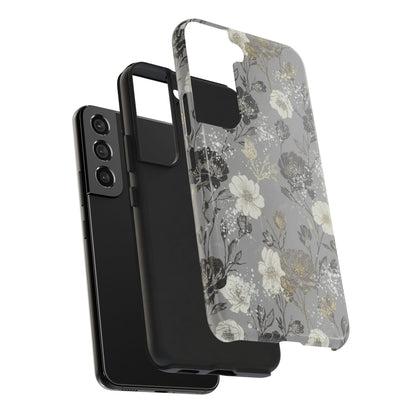 Floral Gray Tough Phone Case — Elegant Protective Phone Cover with Gold Accent