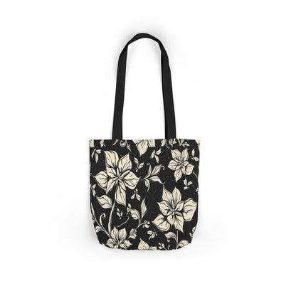 Vintage Floral Canvas Tote Bag – Black & Cream Flower Pattern with Contrast Straps
