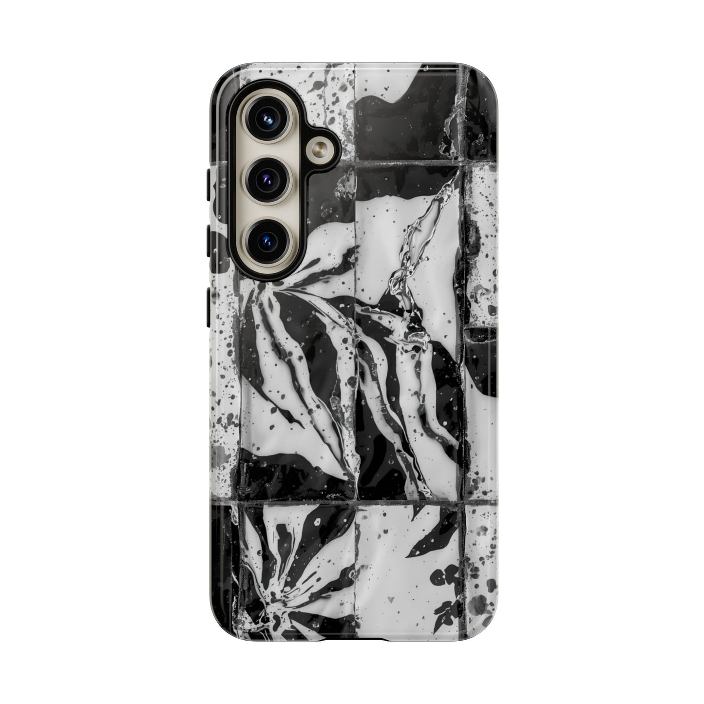 Monochrome Tile Floral Tough Phone Case