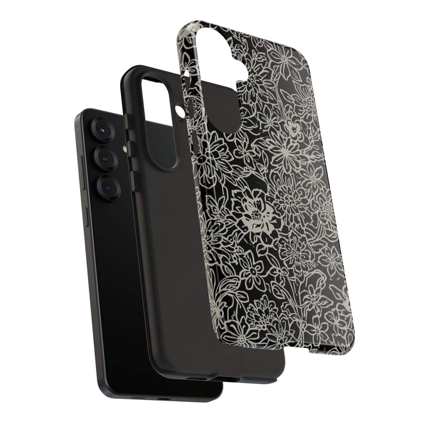 Floral Doodle Tough Phone Case — Black & White Sketch Flower Protective Cover