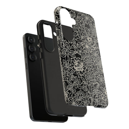 Floral Doodle Tough Phone Case — Black & White Sketch Flower Protective Cover