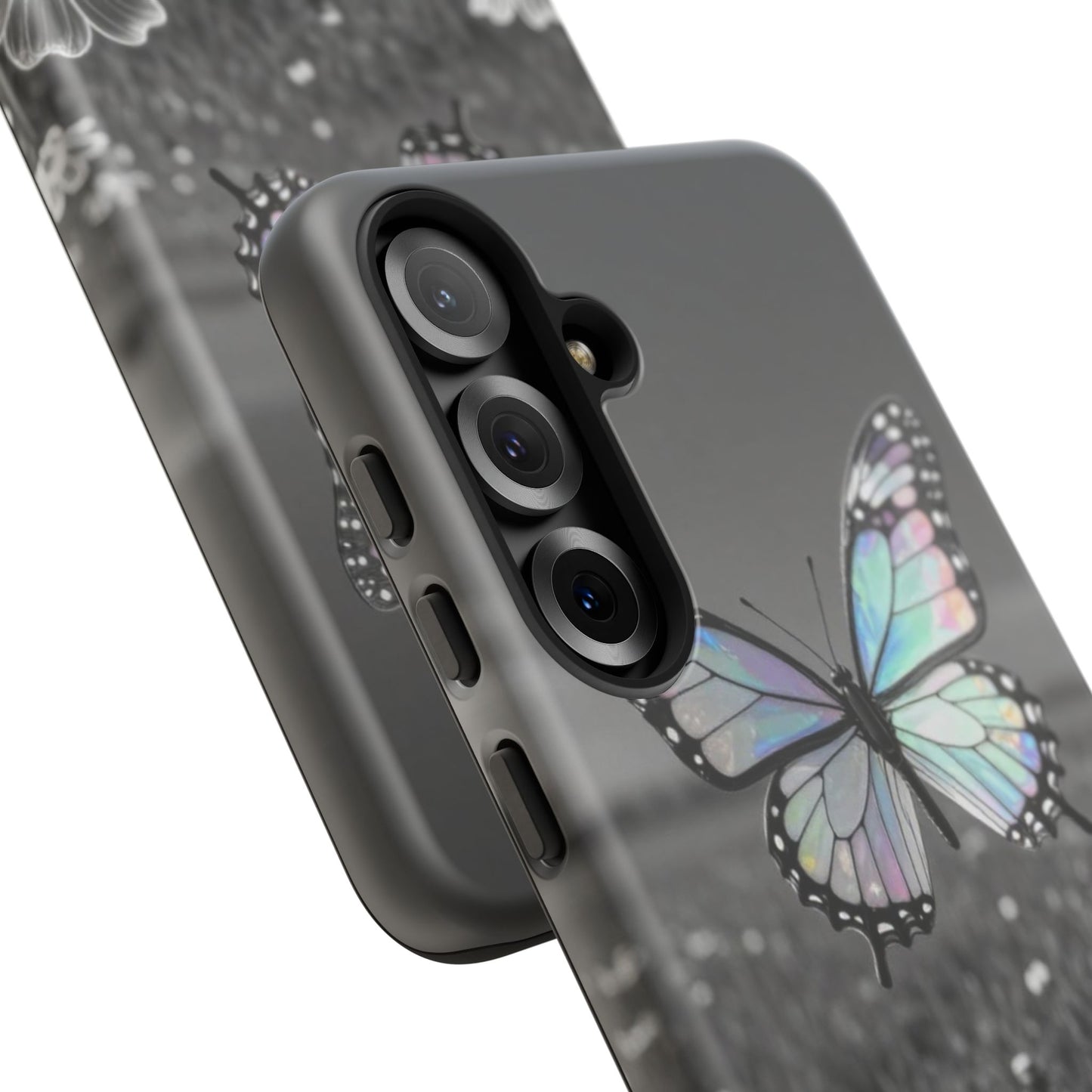 Butterfly Field Tough Phone Case — Pastel Holographic Butterfly on Black & White Floral Background