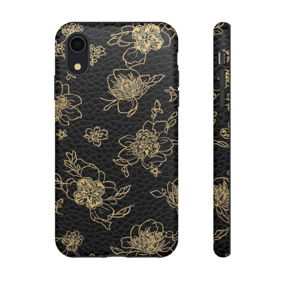 Floral Leather Phone Case — Gold Outline Flowers on Black Tough Case