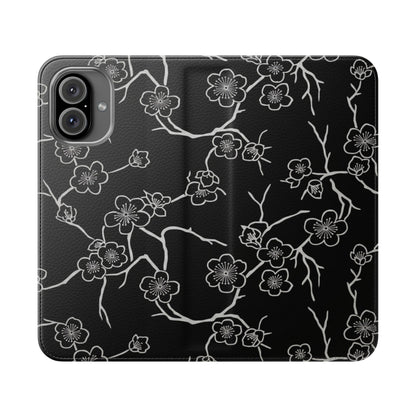Black Cherry Blossom Flip Phone Case – Floral Wallet Flip Case with Card Slots