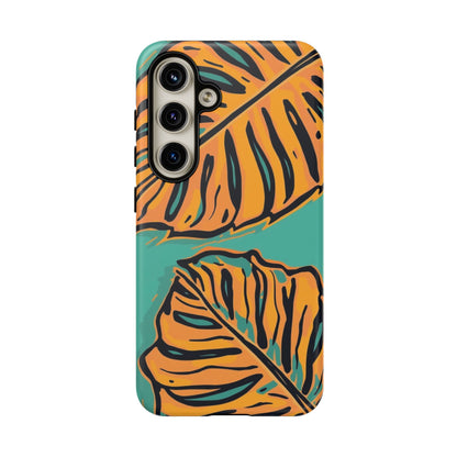Tropical Leaf Tough Phone Case — Orange Monstera Design on Teal