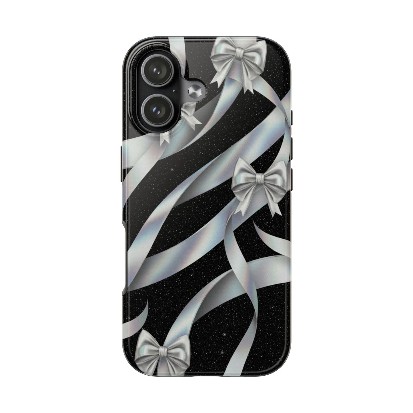 Silver Ribbon Bow Tough Phone Case — Glitter Black Protective Phone Case